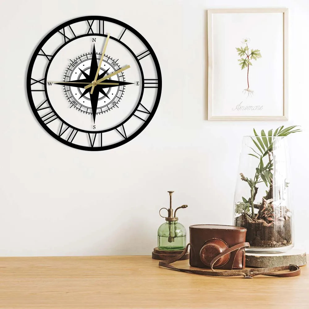 Compass Direction Map Exclusive Silent Wall Clock Nautical Black Wind Rose Home Décor Traveller Interior Design Retro Wall Watch