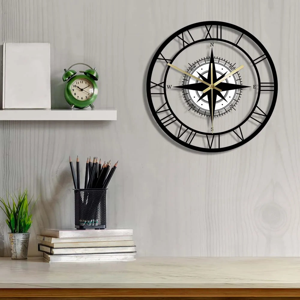 Compass Direction Map Exclusive Silent Wall Clock Nautical Black Wind Rose Home Décor Traveller Interior Design Retro Wall Watch