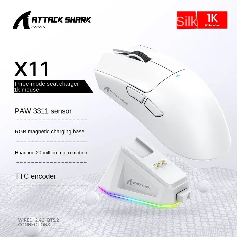 Delux Attack Shark X11 PAW3311 Bluetooth Mouse, Triple Mode Connectivity, Touch Magnetic Charging Dock, Ultra-Light Gaming Mouse