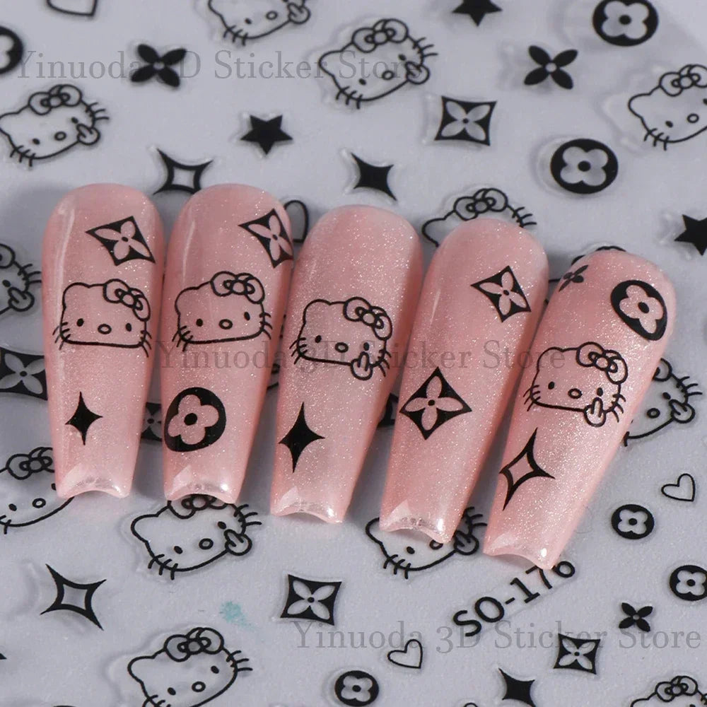 New Nail Stickers Cartoon Stickers Star Bow Hello-Kitty S-Sanrio Cartoon Cat Watercolor Smudge Back Glue Nail Sticker Manicure