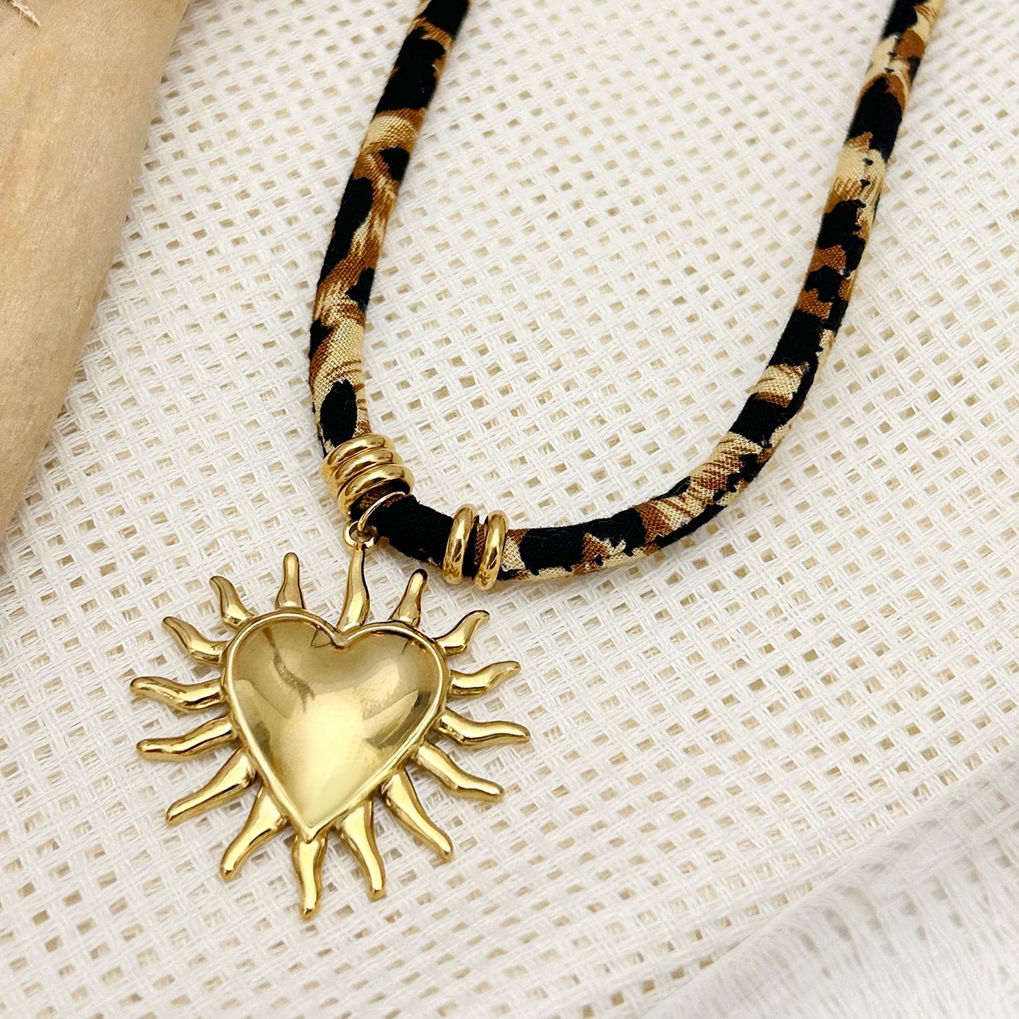 Handmade  Leopard Polyester Cloth Heart Sun Necklace for Women Stainless Steel Accessories Plated Popular Jewelry Gift Necklace