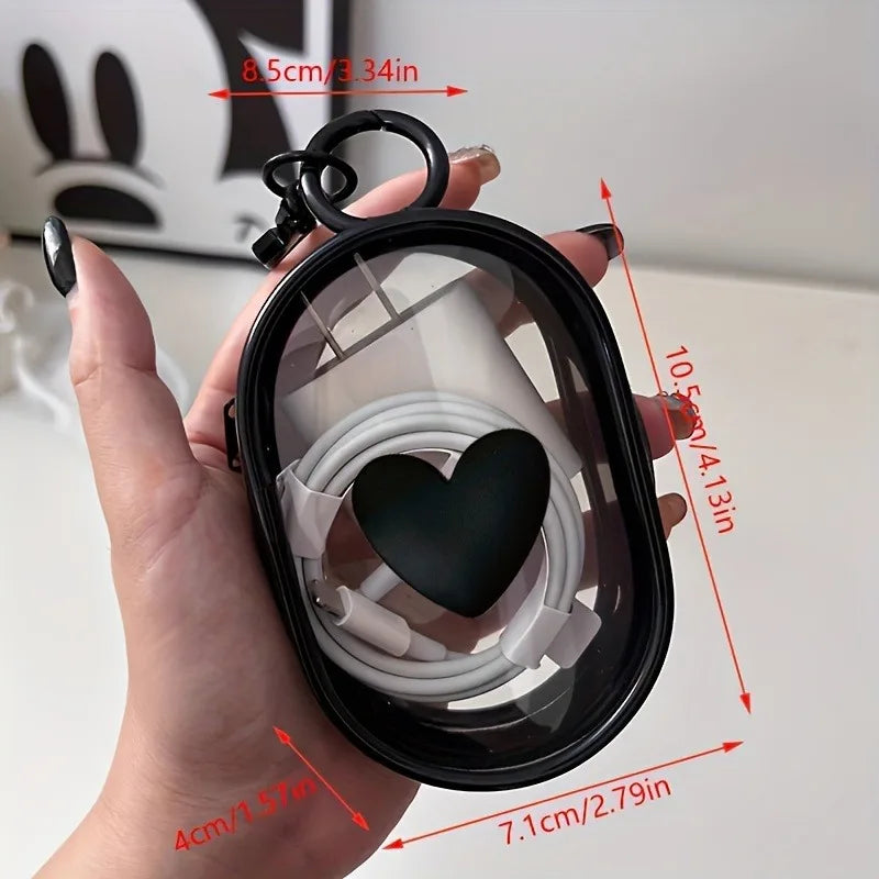 3D Love Heart Round Black Transparent Cosmetic Bags Jewelry Organizer Portable Data Cable Earphone Coin Charger Storage Pouches