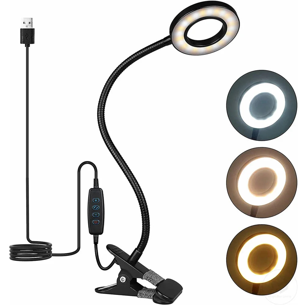 48 LED USB Book Light Clip Desk Lamp Reading Light with 3 Color Mode 10 Brightness Dimmer 360° Flexible Gooseneck Bed Night Lamp