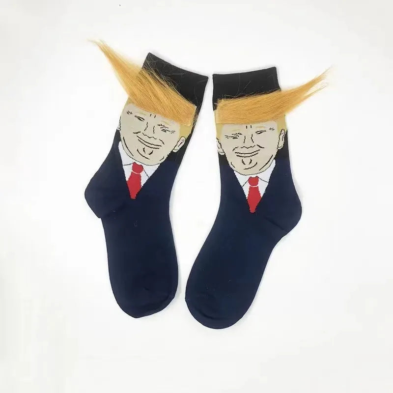 Funny and Funny Donald Trump Presidential Socks With 3D Fake Hair Round Neck Socks for Men's Street Clothing Hip Hop Socks