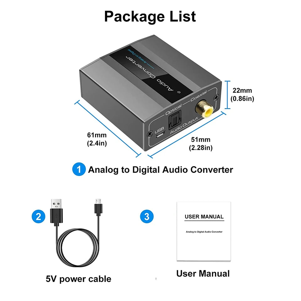 Analog to Digital Audio Converter PCM L/R 3.5mm Aux Jack Stereo Audio to Optical Toslink SPDIF Coaxial Adapter A to D audio