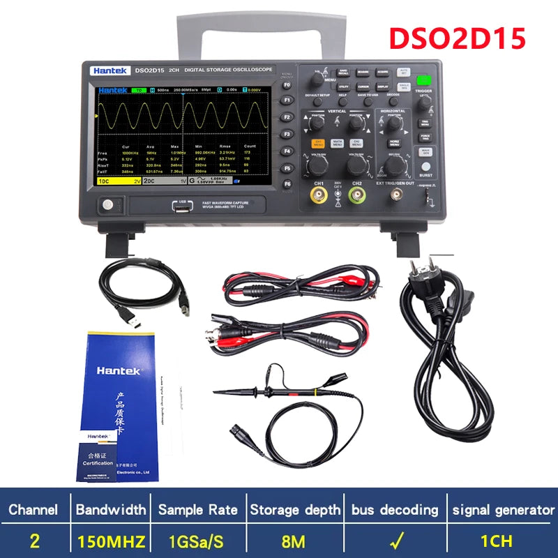 Hantek DSO2D15 Digital Oscilloscope DSO2C10 2D10 2 Channels 150MHz Osciloscópio 25MHz Signal Generator Voltmeter Frequency Meter