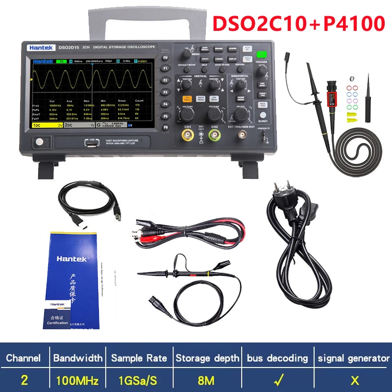 Hantek DSO2D15 Digital Oscilloscope DSO2C10 2D10 2 Channels 150MHz Osciloscópio 25MHz Signal Generator Voltmeter Frequency Meter