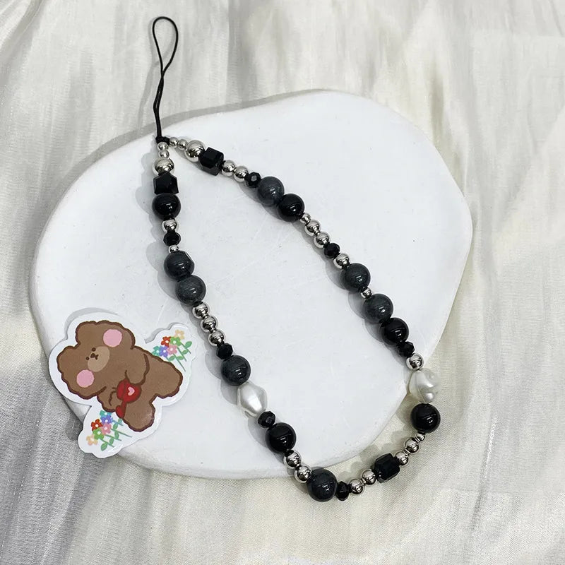 Y2k Black Heart Pearl Beaded Phone Chain Hanging Cord Phone Charms Phone Strap Summer Handmade Mobile Lanyard Jewelry Gift