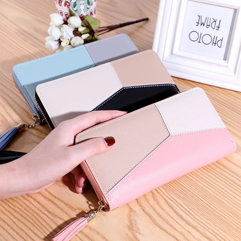 2023 New Women's Wallet Long Contrast Panel Zipper Tassel Large Capacity Wallet Mobile Case