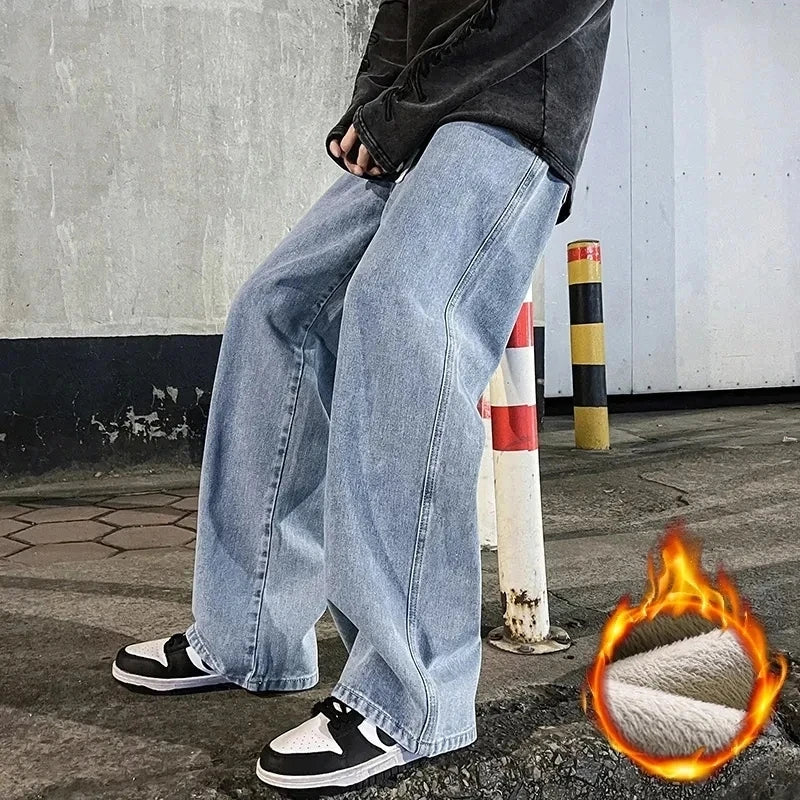 Winter Fleece Loose Jeans,  Loose Straight Velvet Warm and Comfortable Elastic Waist Wide Leg Pants Brand Men's Clothing