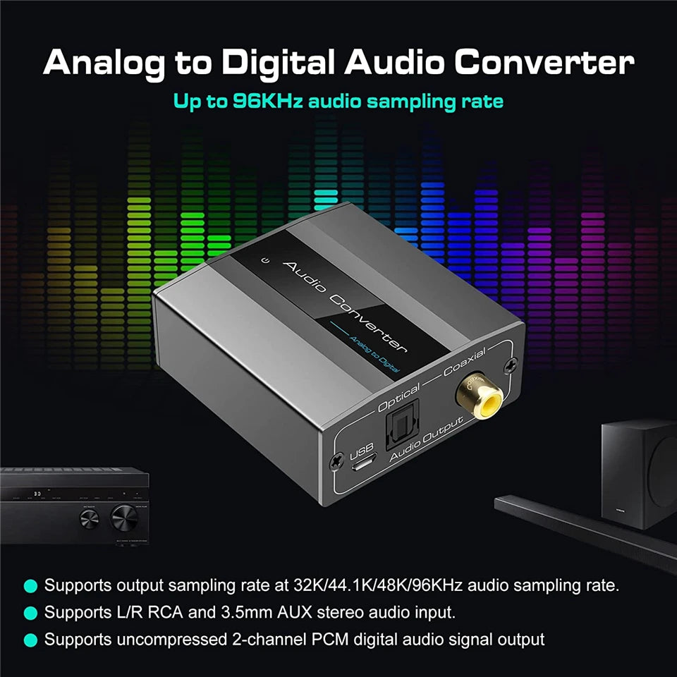 Analog to Digital Audio Converter PCM L/R 3.5mm Aux Jack Stereo Audio to Optical Toslink SPDIF Coaxial Adapter A to D audio