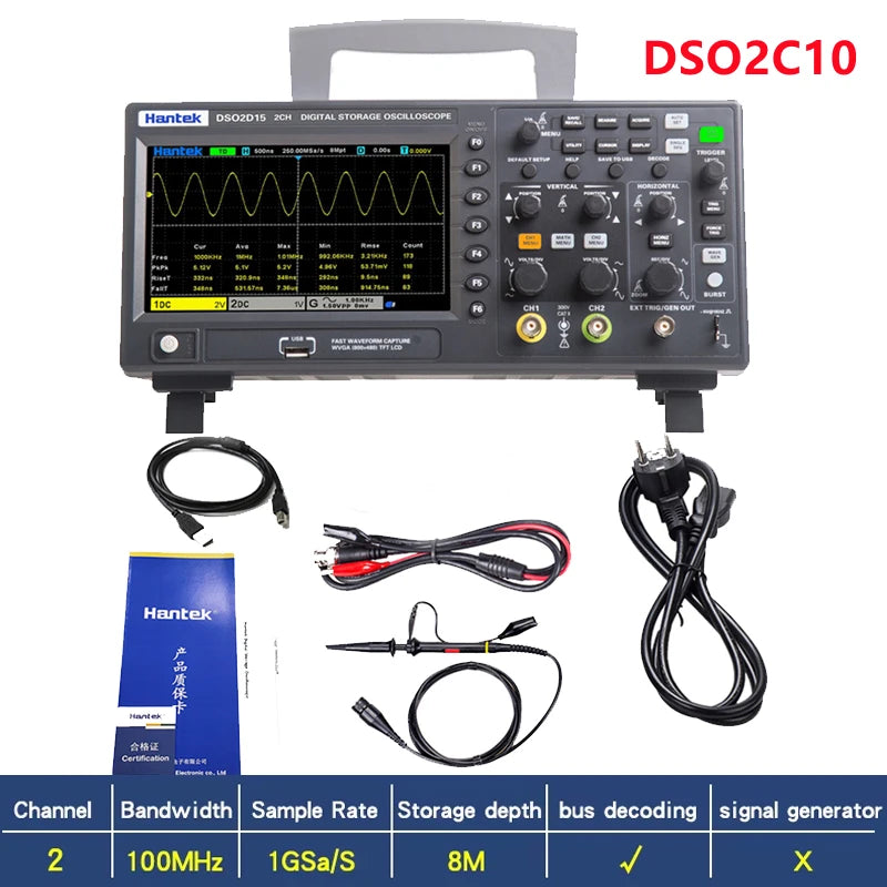 Hantek DSO2D15 Digital Oscilloscope DSO2C10 2D10 2 Channels 150MHz Osciloscópio 25MHz Signal Generator Voltmeter Frequency Meter