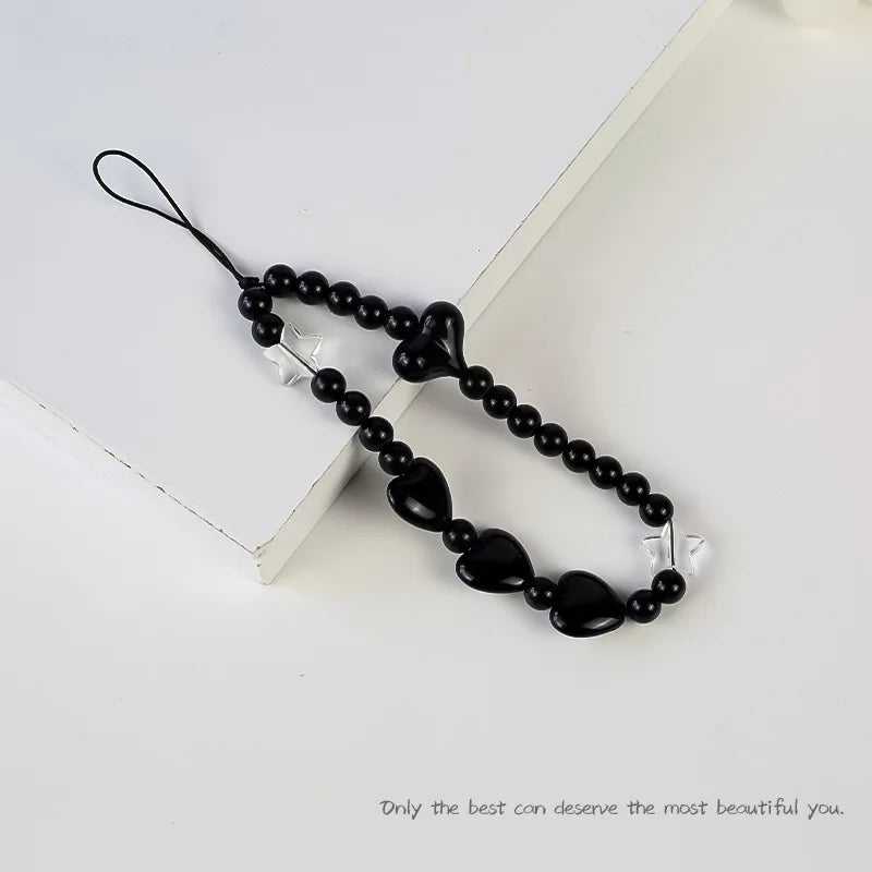 Y2k Black Heart Pearl Beaded Phone Chain Hanging Cord Phone Charms Phone Strap Summer Handmade Mobile Lanyard Jewelry Gift