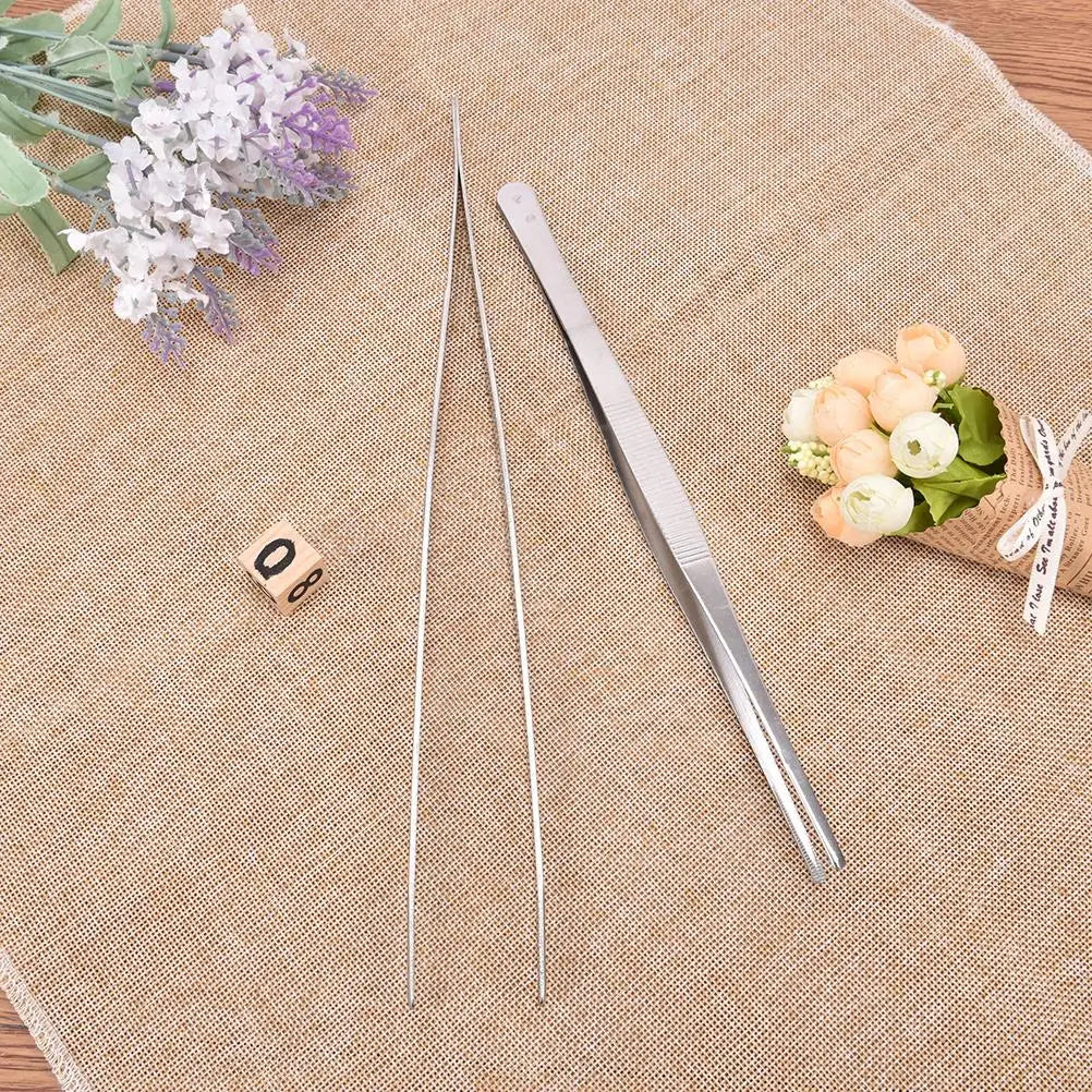 1PCS 25/30cm Straight Toothed Tweezers Barbecue Stainless Steel Long Food Tongs Home Medical Tweezers Garden Kitchen BBQ Tool