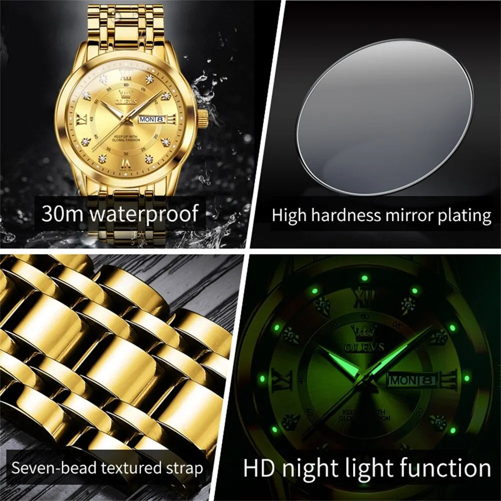 OLEVS Quartz Watch for Men Luxury Diamonds Gold Watch Waterproof Luminous Stainless Steel Business Men's Quartz Watch Mens Watch