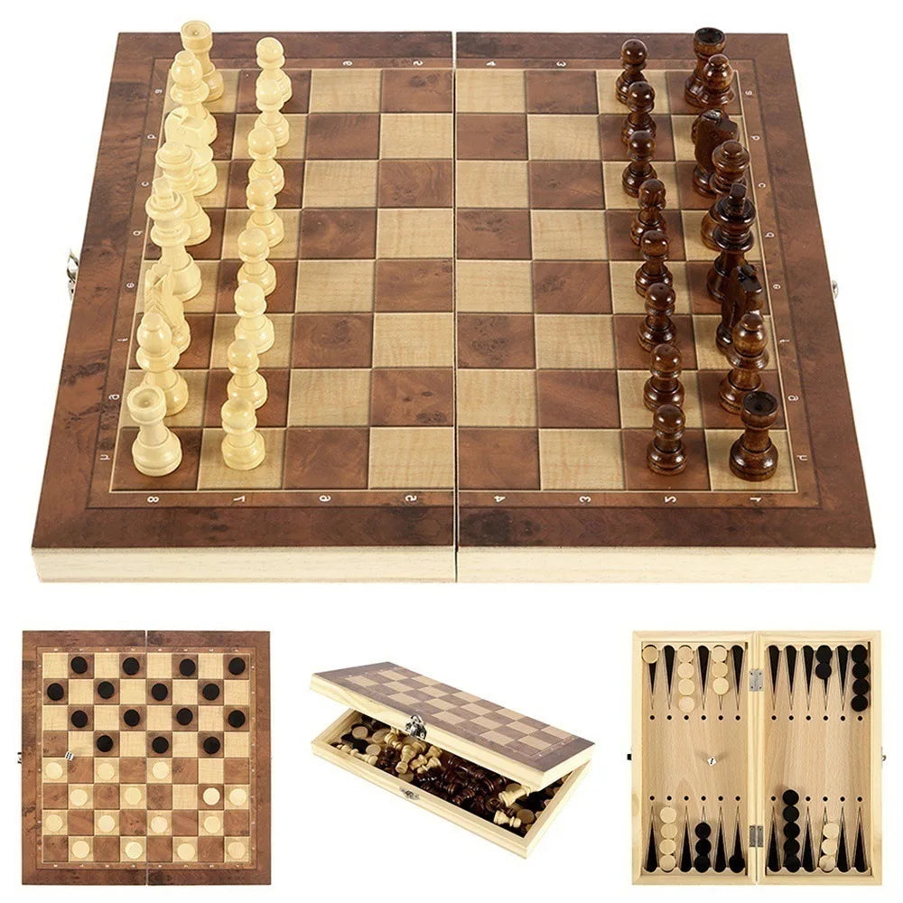 Foldable International Chess 3-in-1 Wooden Chess Set Toy Educational Brain Training Board Game High-end Wood-chess-pieces