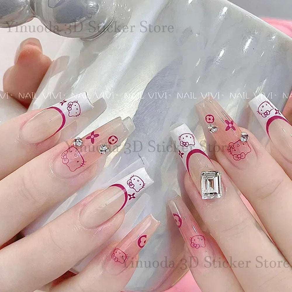 New Nail Stickers Cartoon Stickers Star Bow Hello-Kitty S-Sanrio Cartoon Cat Watercolor Smudge Back Glue Nail Sticker Manicure