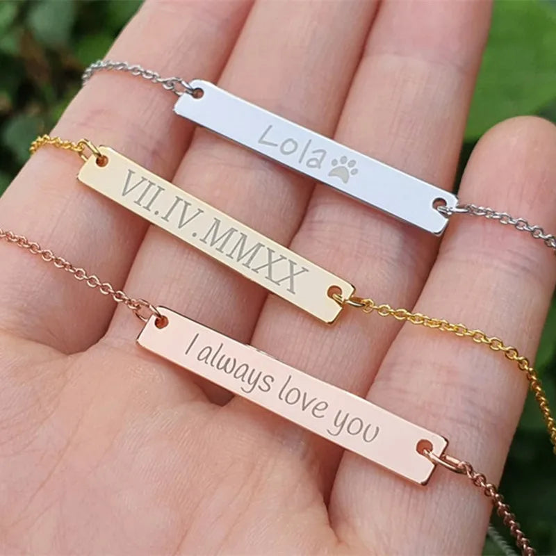 Engraved 14K Gold Bar Necklace Dainty Jewelry Nameplate Stainless Steel Necklace Personalized Bridesmaid Gift Mothers' Day Gift