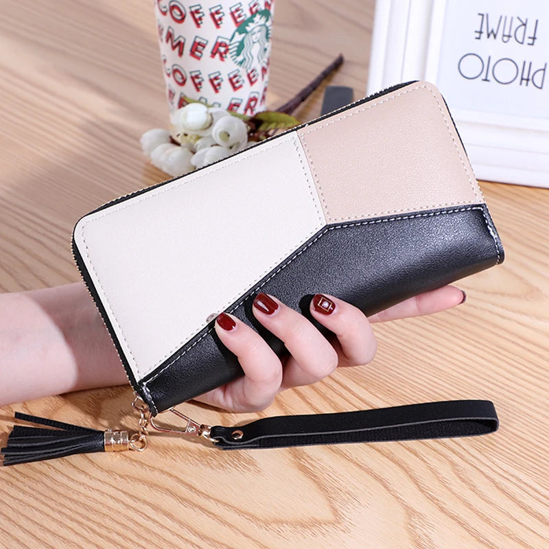 2023 New Women's Wallet Long Contrast Panel Zipper Tassel Large Capacity Wallet Mobile Case