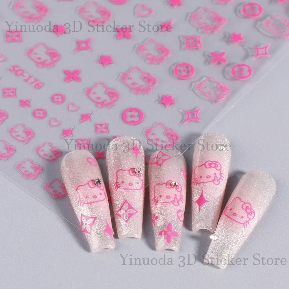 New Nail Stickers Cartoon Stickers Star Bow Hello-Kitty S-Sanrio Cartoon Cat Watercolor Smudge Back Glue Nail Sticker Manicure