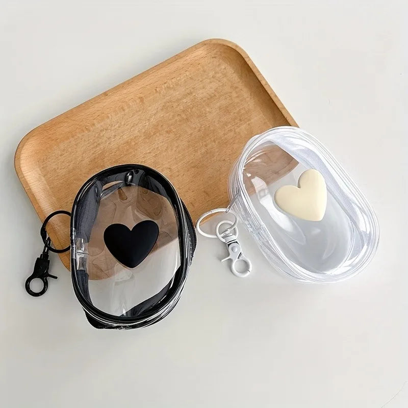 3D Love Heart Round Black Transparent Cosmetic Bags Jewelry Organizer Portable Data Cable Earphone Coin Charger Storage Pouches