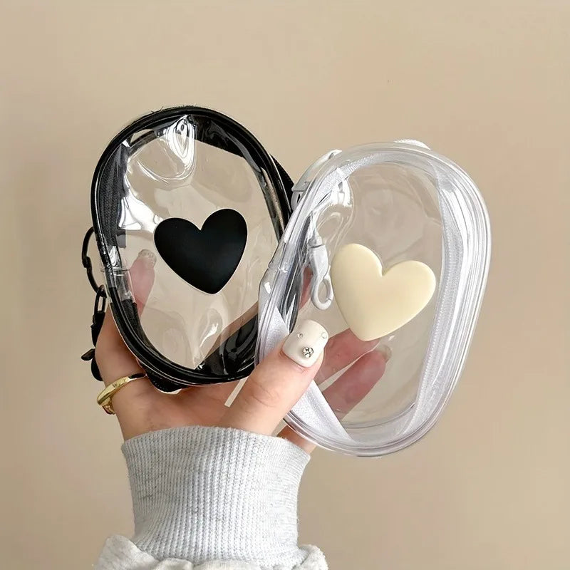 3D Love Heart Round Black Transparent Cosmetic Bags Jewelry Organizer Portable Data Cable Earphone Coin Charger Storage Pouches