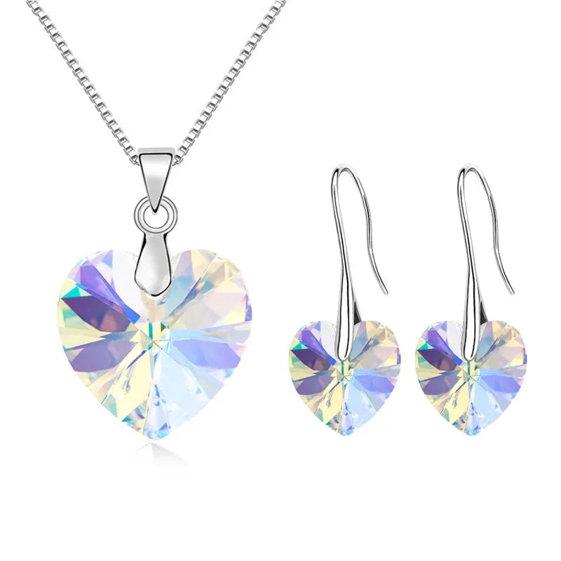 Fashion Simple Rainbow 14mm Heart Pendant Necklaces Drop Earrings Jewelry Sets For Women Mothers Day Birthday Gifts