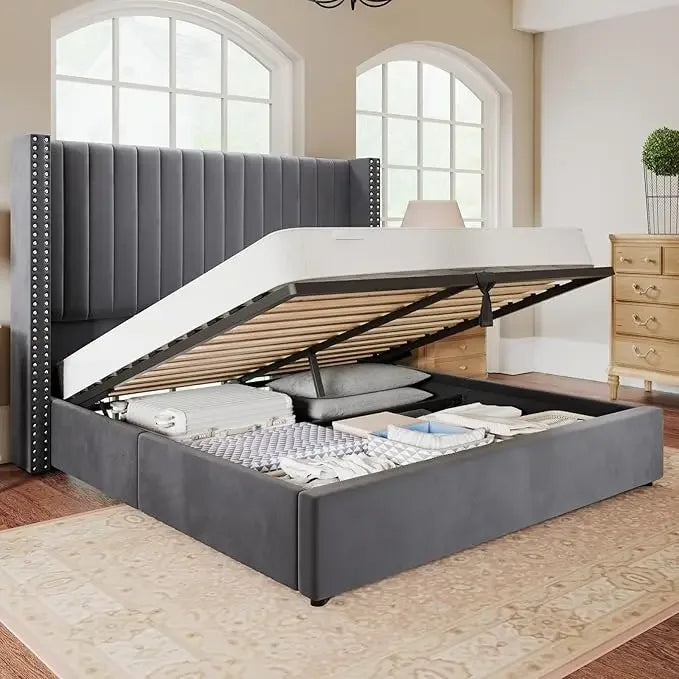 Lift up Storage Bed Frame King Size Upholstered Platform Bed Velvet with Channel Tufted Wingback Headboard No Box Spring Needed