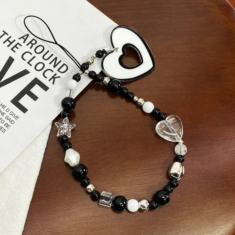 Y2k Black Heart Pearl Beaded Phone Chain Hanging Cord Phone Charms Phone Strap Summer Handmade Mobile Lanyard Jewelry Gift