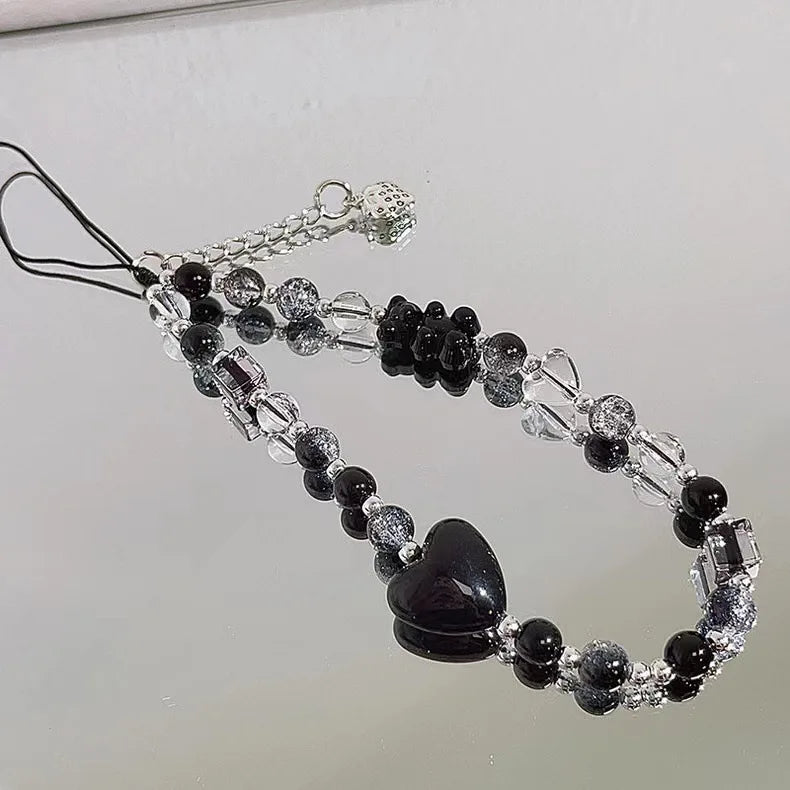 Y2k Black Heart Pearl Beaded Phone Chain Hanging Cord Phone Charms Phone Strap Summer Handmade Mobile Lanyard Jewelry Gift