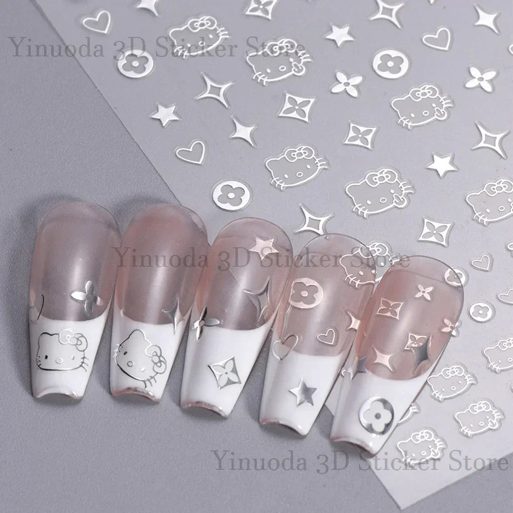 New Nail Stickers Cartoon Stickers Star Bow Hello-Kitty S-Sanrio Cartoon Cat Watercolor Smudge Back Glue Nail Sticker Manicure