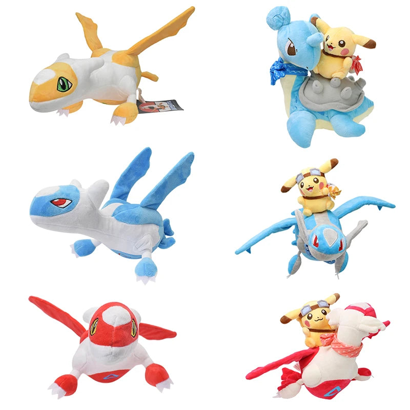 Legendary Pokemon Latias Latios Lapras Plush Toy Pikachu Riding Latios Lapras Anime Peluche Stuffed Doll Kawaii Dragon Doll Gift