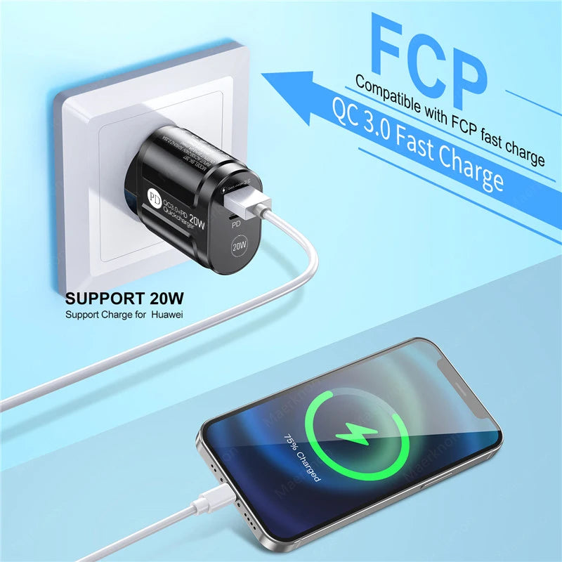 USB Charger Quick Charge QC4.0 3.0 For iPhone Xiaomi Oneplus 40W EU/US/UK Plug Fast Phone Adapter Portable Type C Wall Charger