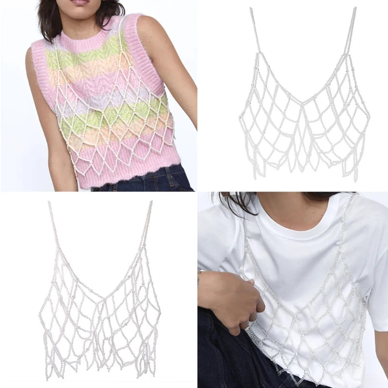 Women Handmade Woven Body Chain Camisole Imitation Pearl Crystal Beaded Vest Hollow Out Mesh for Tank Top Body Jewelry Festival