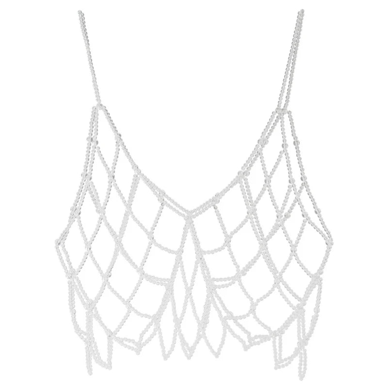 Women Handmade Woven Body Chain Camisole Imitation Pearl Crystal Beaded Vest Hollow Out Mesh for Tank Top Body Jewelry Festival