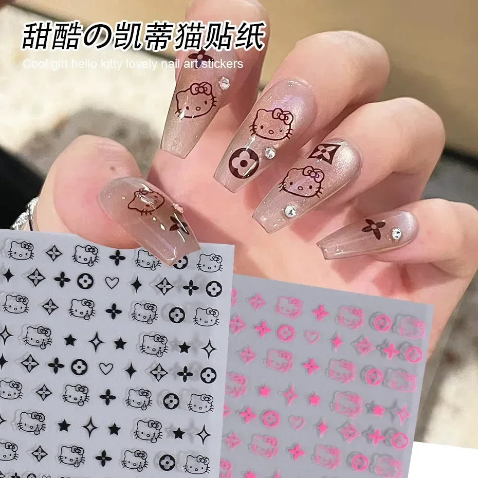 New Nail Stickers Cartoon Stickers Star Bow Hello-Kitty S-Sanrio Cartoon Cat Watercolor Smudge Back Glue Nail Sticker Manicure