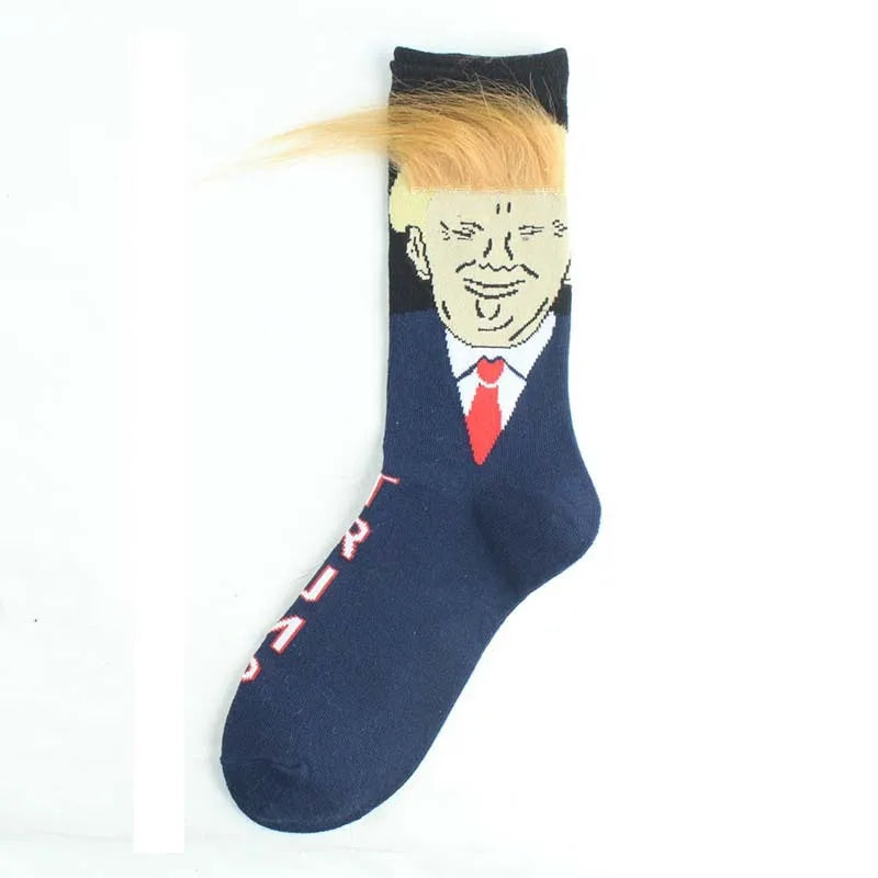 Funny and Funny Donald Trump Presidential Socks With 3D Fake Hair Round Neck Socks for Men's Street Clothing Hip Hop Socks