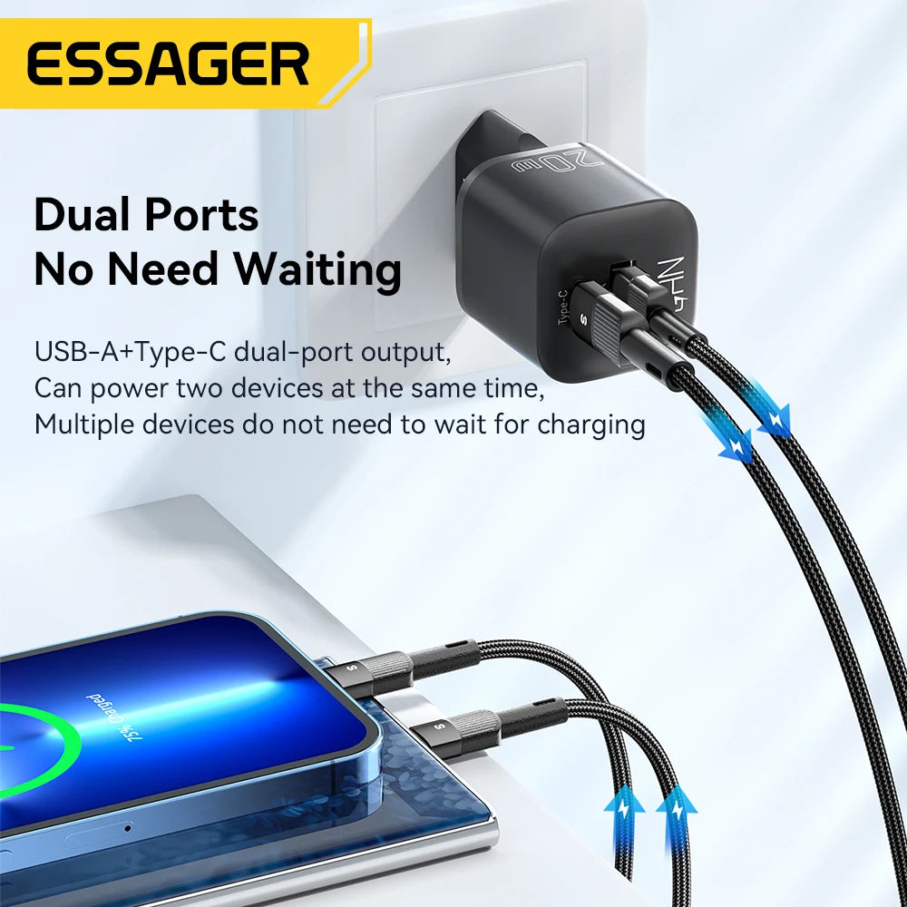 Essager 20W GaN PD USB C Charger for iPhone 15 13 12 11 Pro Max Phone QC 3.0 PD 3.0 USB Type C Fast Charging for Xiaomi pocoiPad