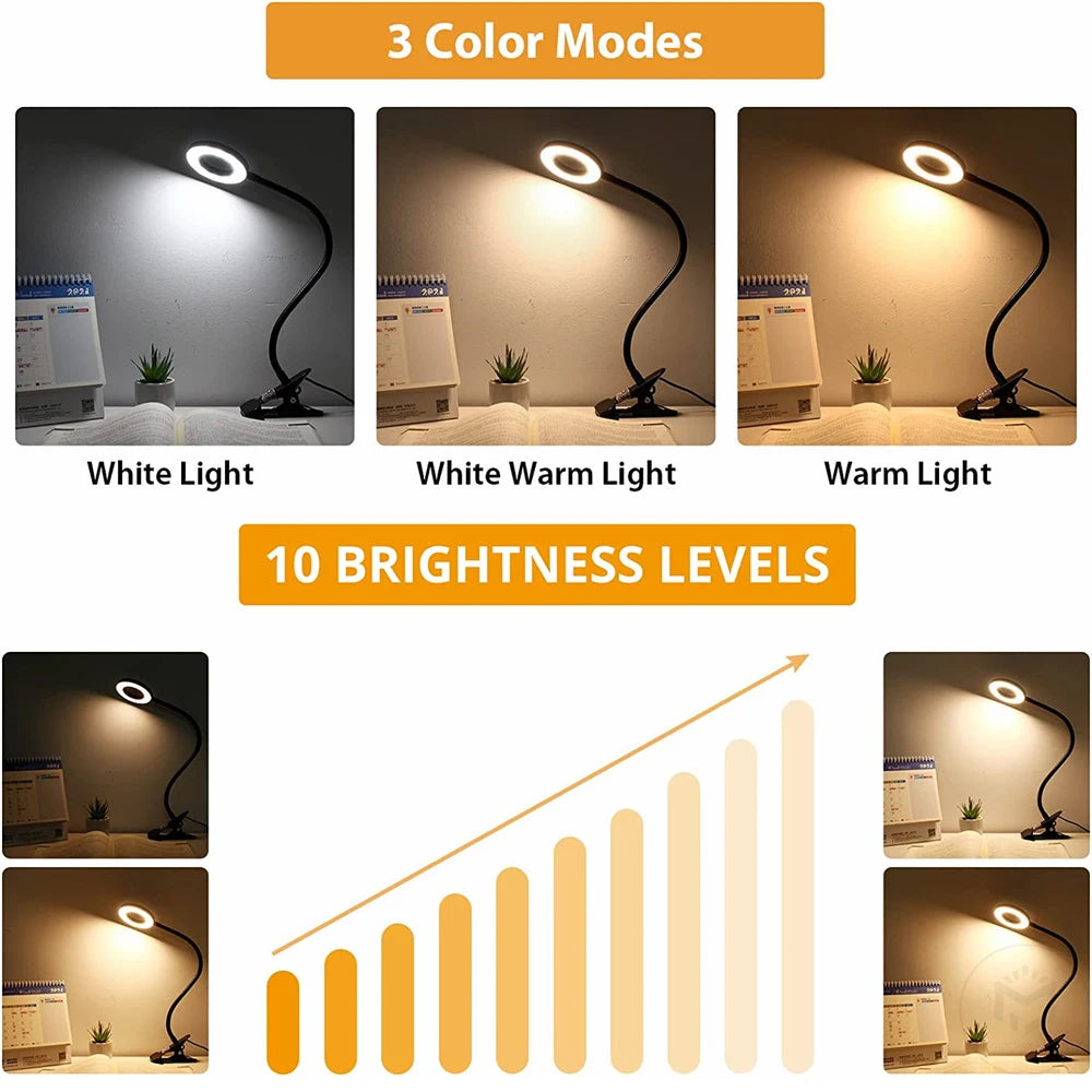 48 LED USB Book Light Clip Desk Lamp Reading Light with 3 Color Mode 10 Brightness Dimmer 360° Flexible Gooseneck Bed Night Lamp