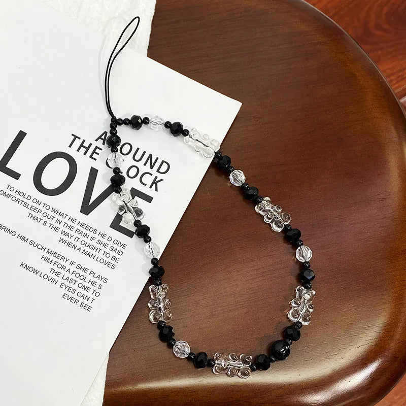 Y2k Black Heart Pearl Beaded Phone Chain Hanging Cord Phone Charms Phone Strap Summer Handmade Mobile Lanyard Jewelry Gift