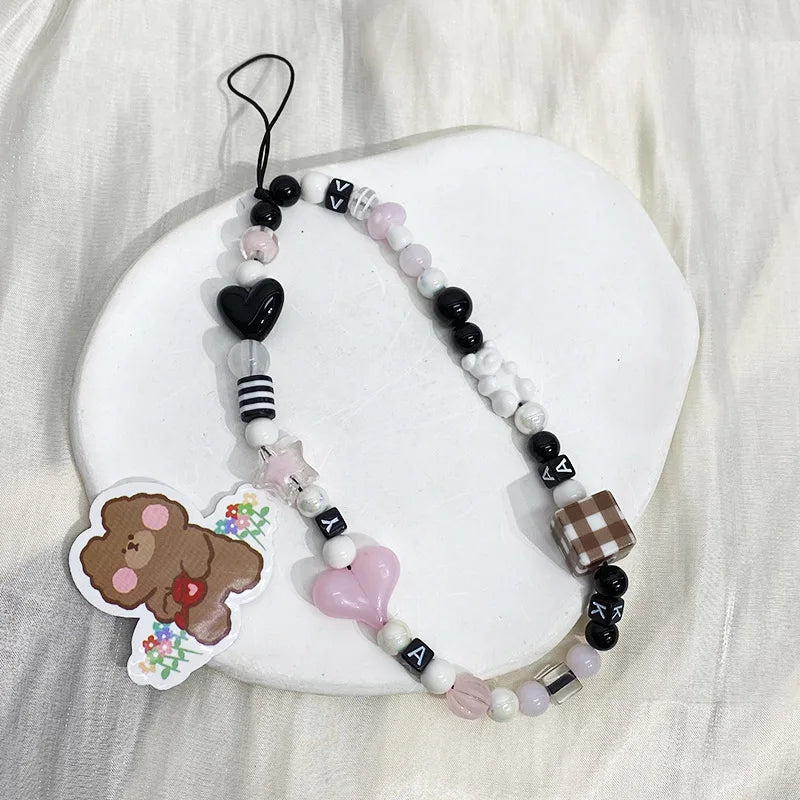 Y2k Black Heart Pearl Beaded Phone Chain Hanging Cord Phone Charms Phone Strap Summer Handmade Mobile Lanyard Jewelry Gift