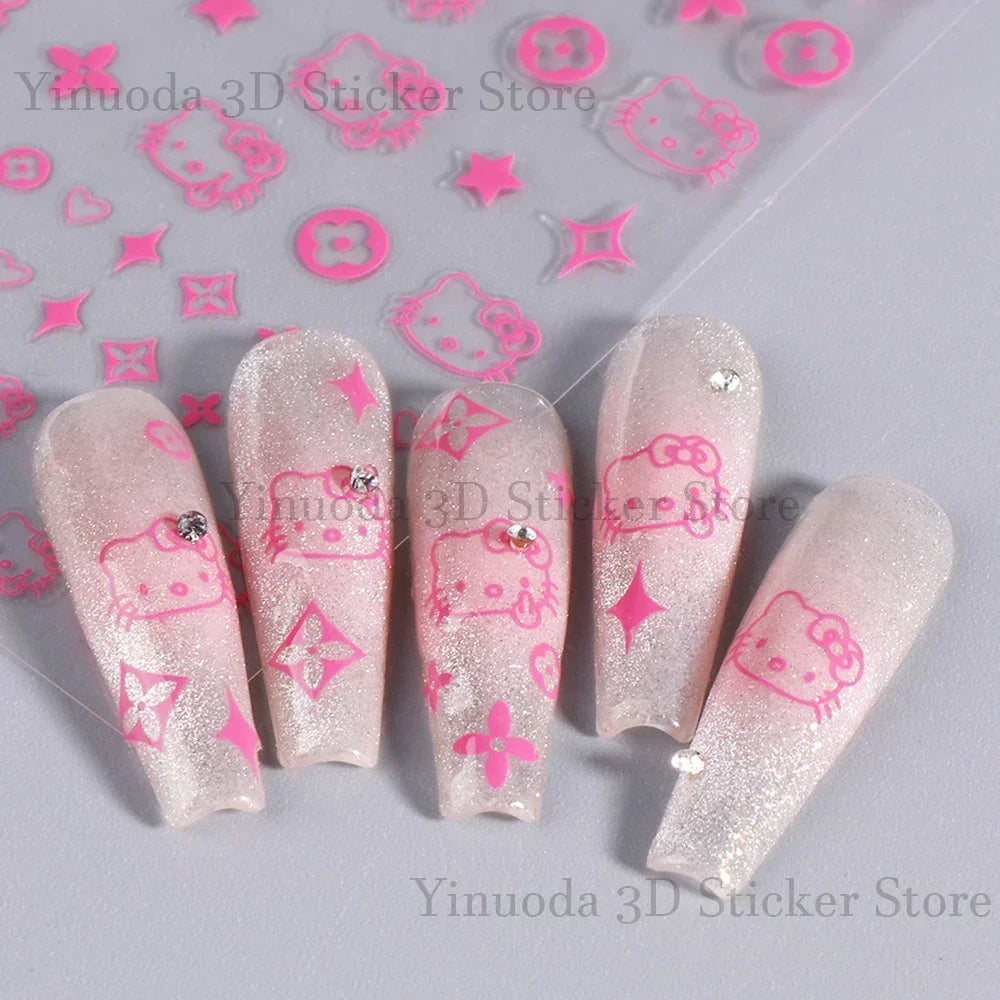 New Nail Stickers Cartoon Stickers Star Bow Hello-Kitty S-Sanrio Cartoon Cat Watercolor Smudge Back Glue Nail Sticker Manicure