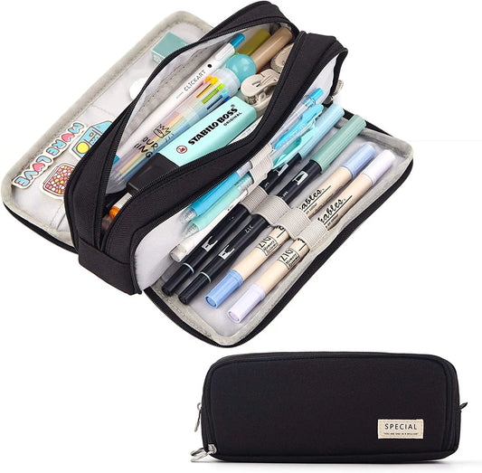 Large Capacity Pencil Case 3 Compartment Canvas for Students Box Office Student Pen Bag Stationery Back to School Supplies