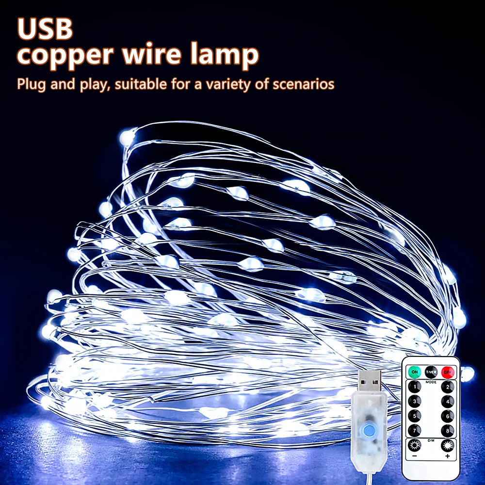 5M/10M/20M USB LED String Lights Copper Silver Wire Garland Light Waterproof Fairy Lights For Christmas Wedding Party Decorative