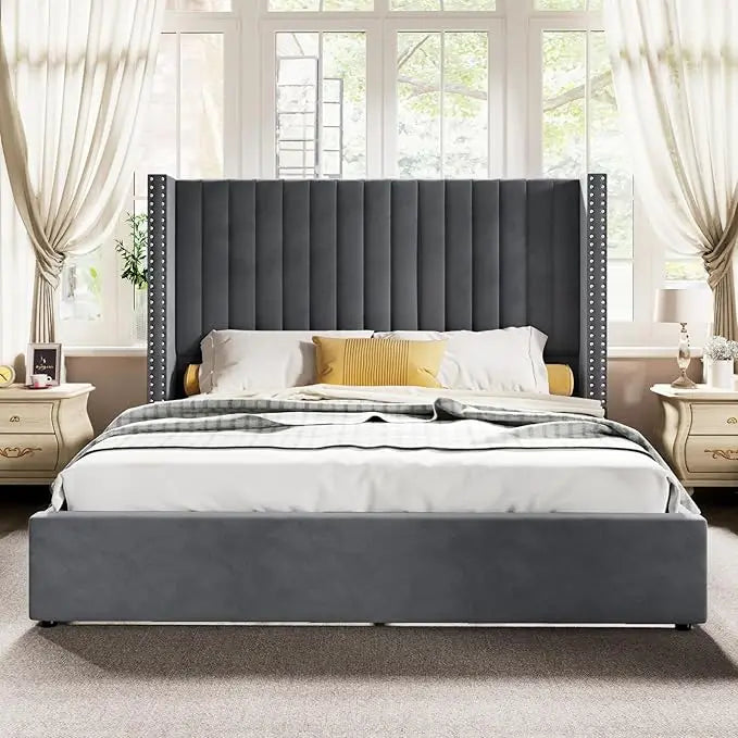 Lift up Storage Bed Frame King Size Upholstered Platform Bed Velvet with Channel Tufted Wingback Headboard No Box Spring Needed