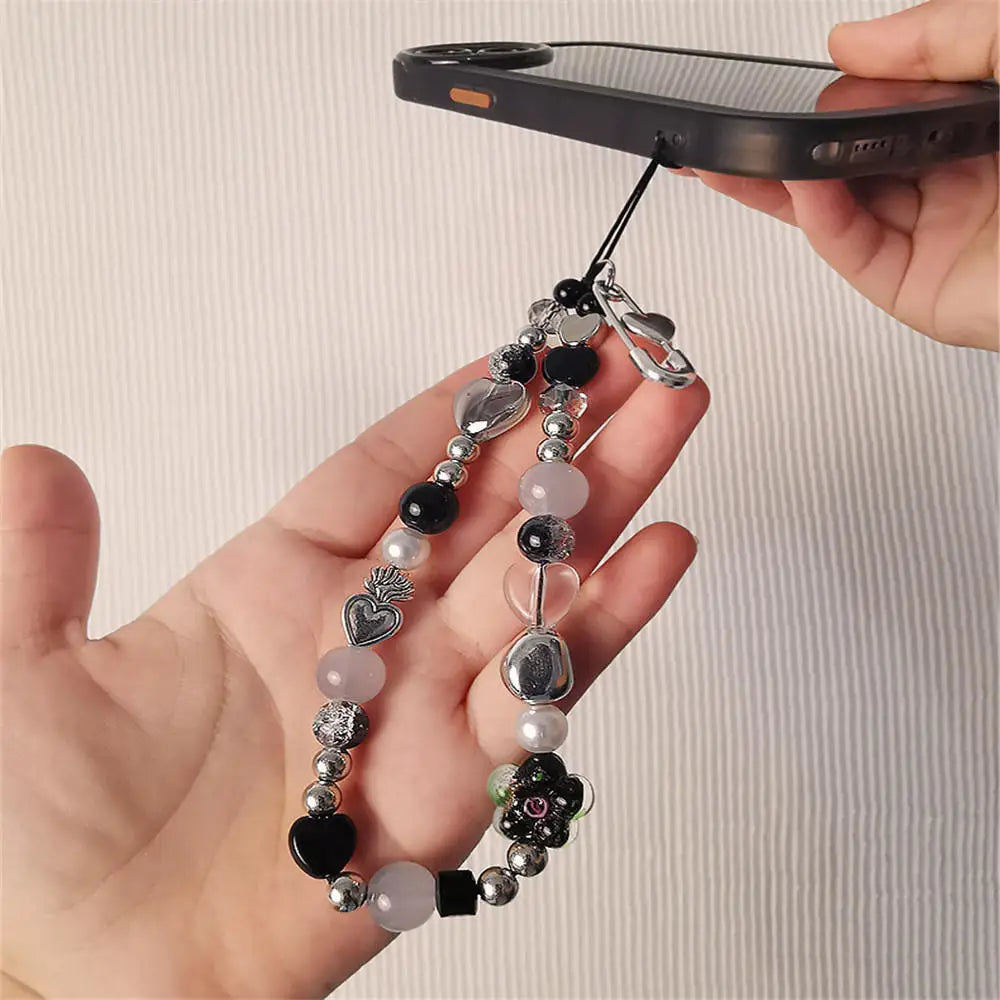 Y2k Black Heart Pearl Beaded Phone Chain Hanging Cord Phone Charms Phone Strap Summer Handmade Mobile Lanyard Jewelry Gift