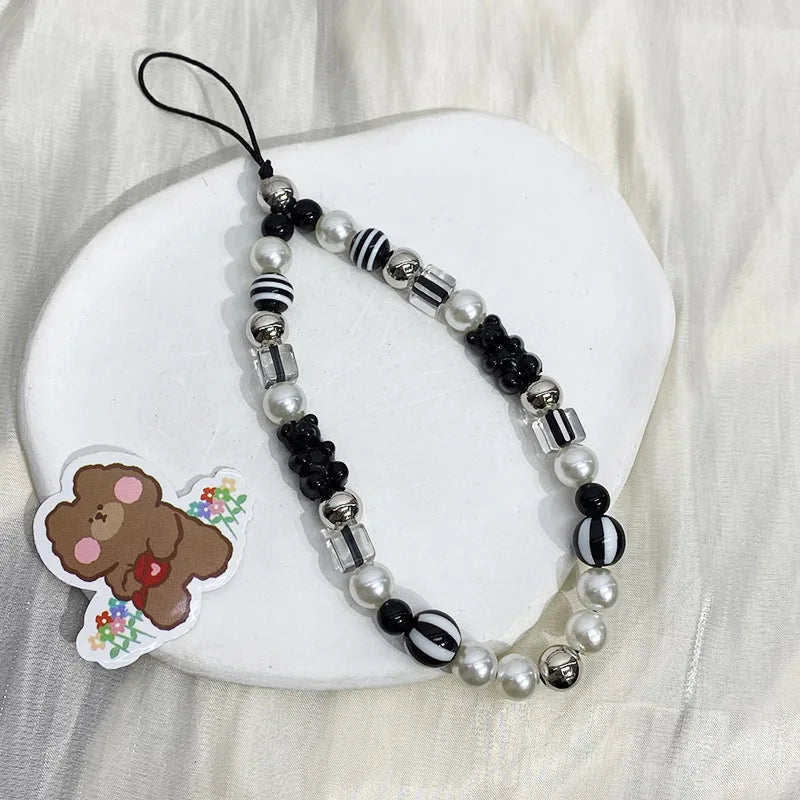 Y2k Black Heart Pearl Beaded Phone Chain Hanging Cord Phone Charms Phone Strap Summer Handmade Mobile Lanyard Jewelry Gift