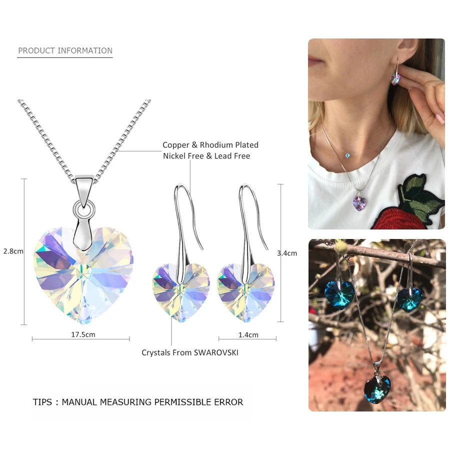 Fashion Simple Rainbow 14mm Heart Pendant Necklaces Drop Earrings Jewelry Sets For Women Mothers Day Birthday Gifts