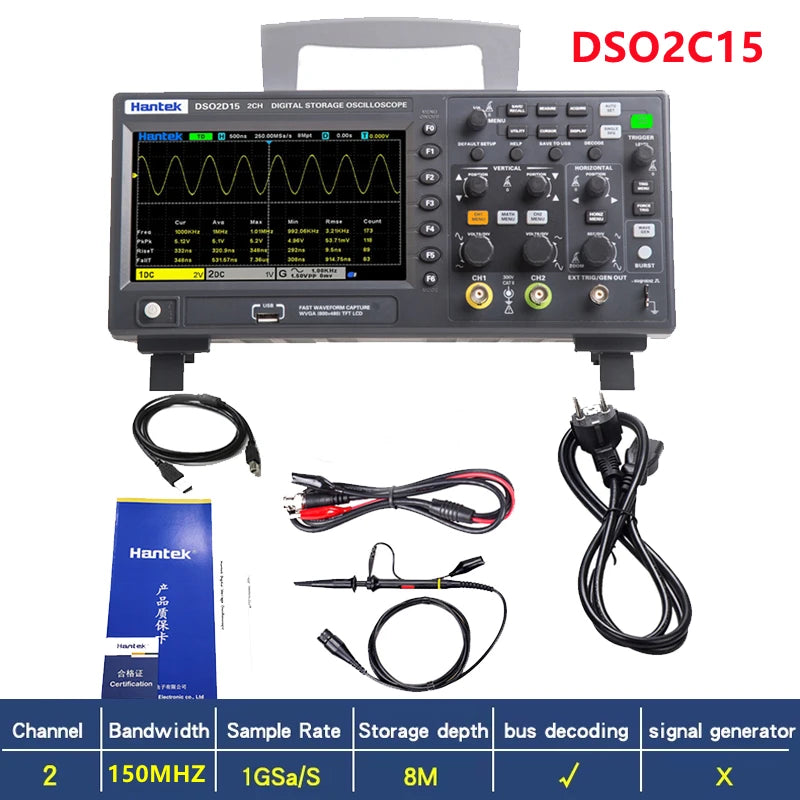 Hantek DSO2D15 Digital Oscilloscope DSO2C10 2D10 2 Channels 150MHz Osciloscópio 25MHz Signal Generator Voltmeter Frequency Meter