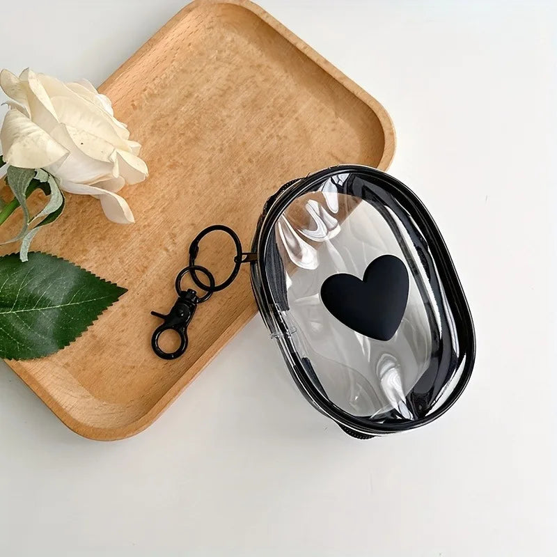 3D Love Heart Round Black Transparent Cosmetic Bags Jewelry Organizer Portable Data Cable Earphone Coin Charger Storage Pouches